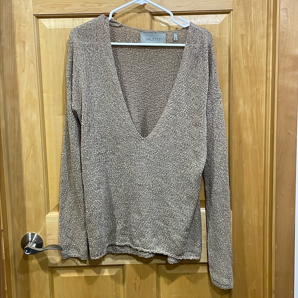 Valette deep v neck tan sweater knit size L